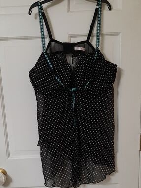 Cacique Black Polka Dot Sheer Camisole with Turquoise Trim